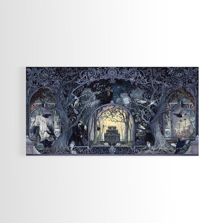 The Haunted Hayride, Stained Glass Gothic Art, Wide Panoramic Art, Gothic Horror Wall Art, Framed Canvas Print, Halloween Wall Art