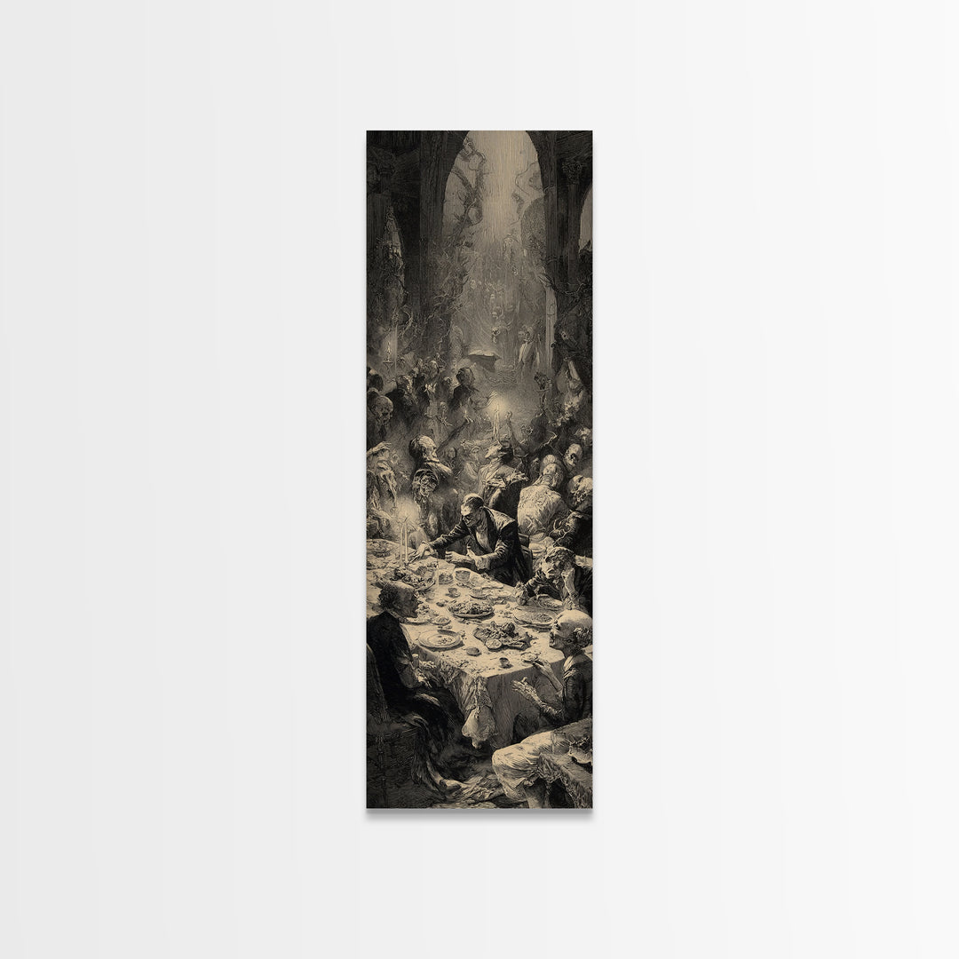 The Zombie Picnic, Gothic Engraving Art, Tall Narrow Wall Art, Dark Halloween Decor, Canvas Print, Halloween Wall Art