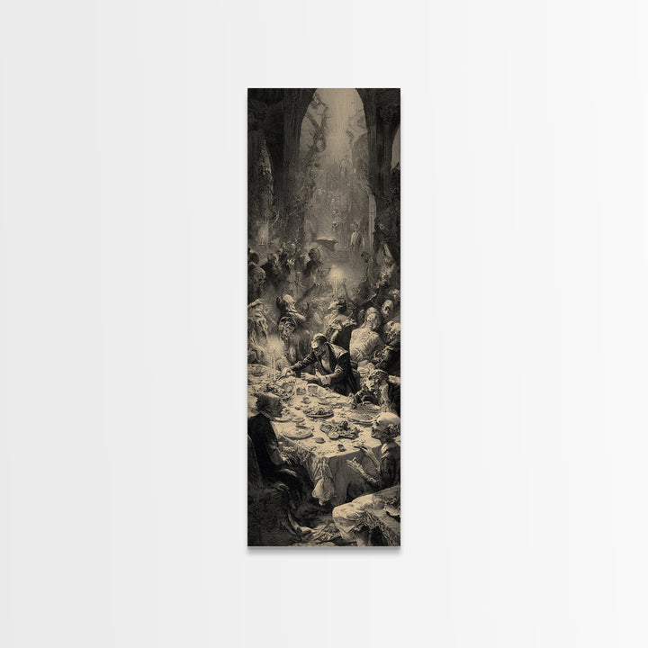 The Zombie Picnic, Gothic Engraving Art, Tall Narrow Wall Art, Dark Halloween Decor, Canvas Print, Halloween Wall Art