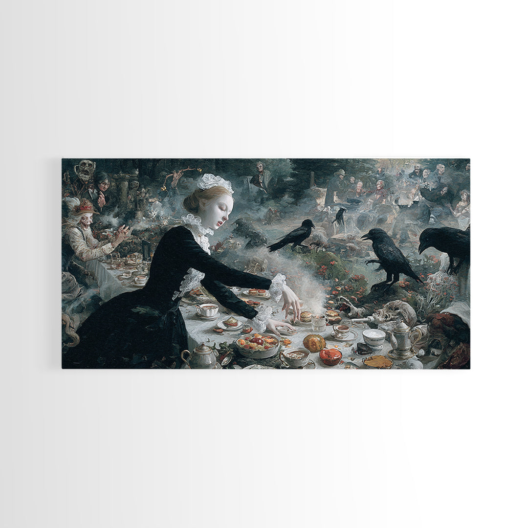 The Zombie Picnic, Medieval Grotesque Art, Wide Panoramic Art, Dark Halloween Decor, Canvas Print, Halloween Wall Art