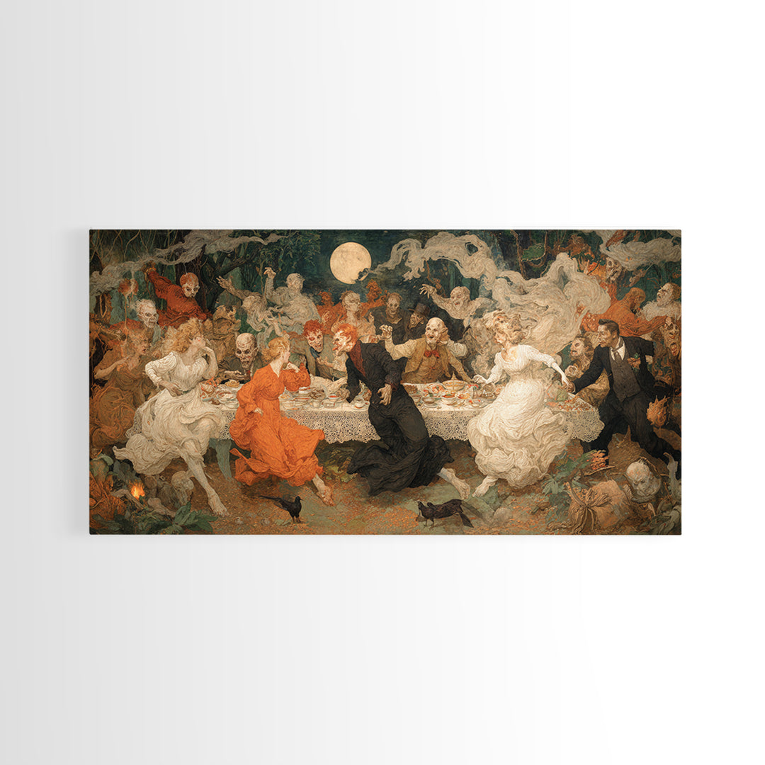 The Zombie Picnic, Northern Renaissance Horror, Wide Panoramic Art, Dark Fantasy Wall Art, Framed Canvas Print, Halloween Wall Art