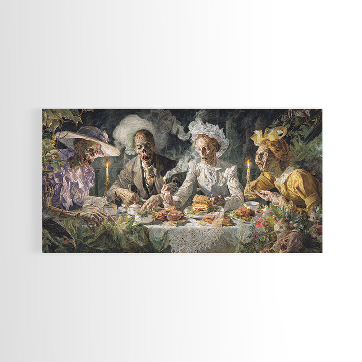 The Zombie Picnic, Dark Renaissance Art, Wide Panoramic Art, Dark Fantasy Wall Art, Framed Canvas Print, Halloween Wall Art