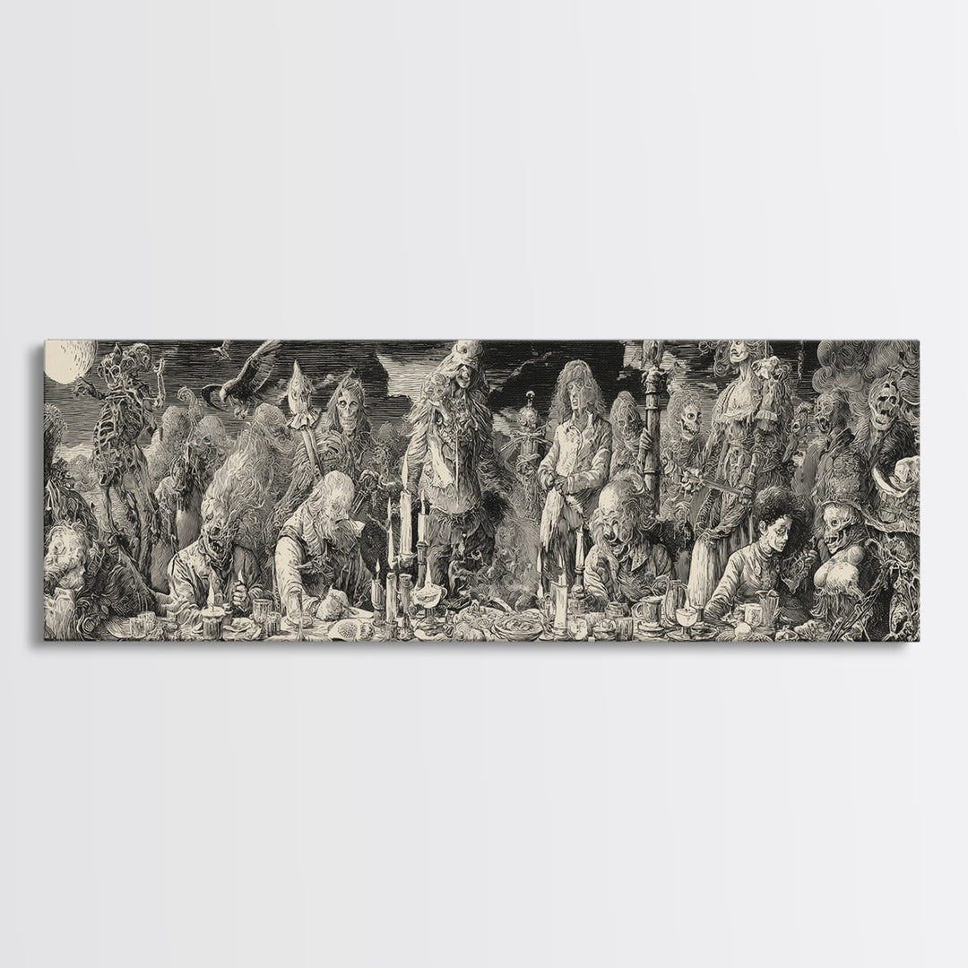 The Zombie Picnic, Renaissance Engraving Art, Extra Wide Wall Art, Dark Halloween Decor, Framed Canvas Print, Halloween Wall Art
