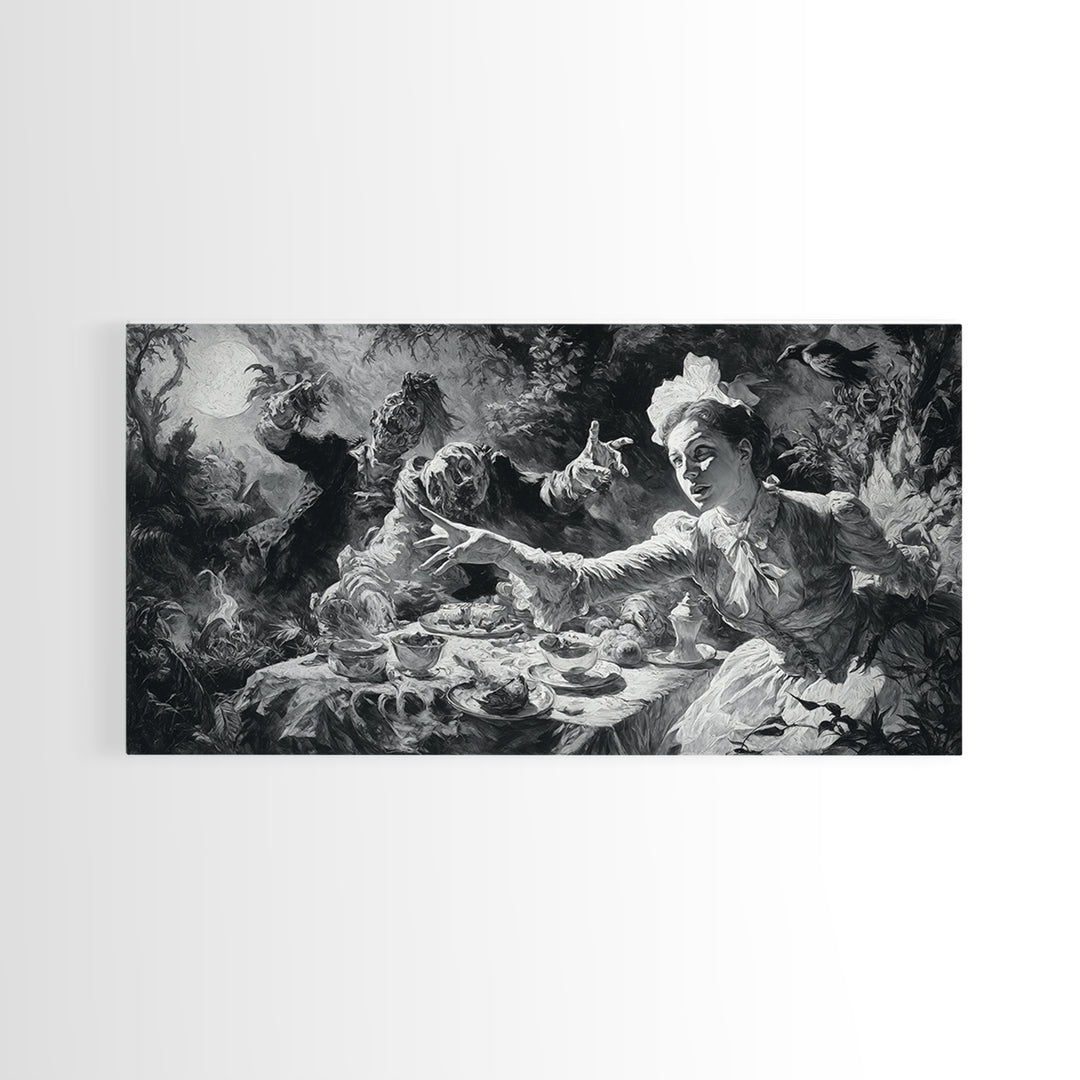 The Zombie Picnic, Dark Romantic Horror Art, Wide Panoramic Art, Gothic Horror Wall Art, Canvas Print, Halloween Wall Art