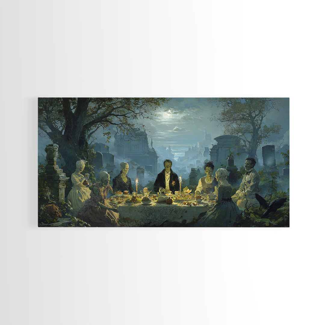 The Zombie Picnic, Romantic Gothic Landscape, Wide Panoramic Art, Dark Halloween Decor, Canvas Print, Halloween Wall Art
