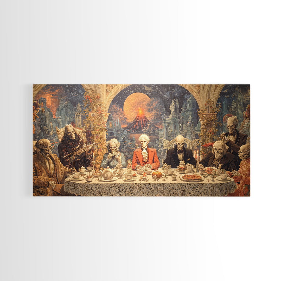 The Zombie Picnic, Apocalyptic Romantic Art, Wide Panoramic Art, Macabre Wall Art, Framed Canvas Print, Halloween Wall Art, Halloween Decor