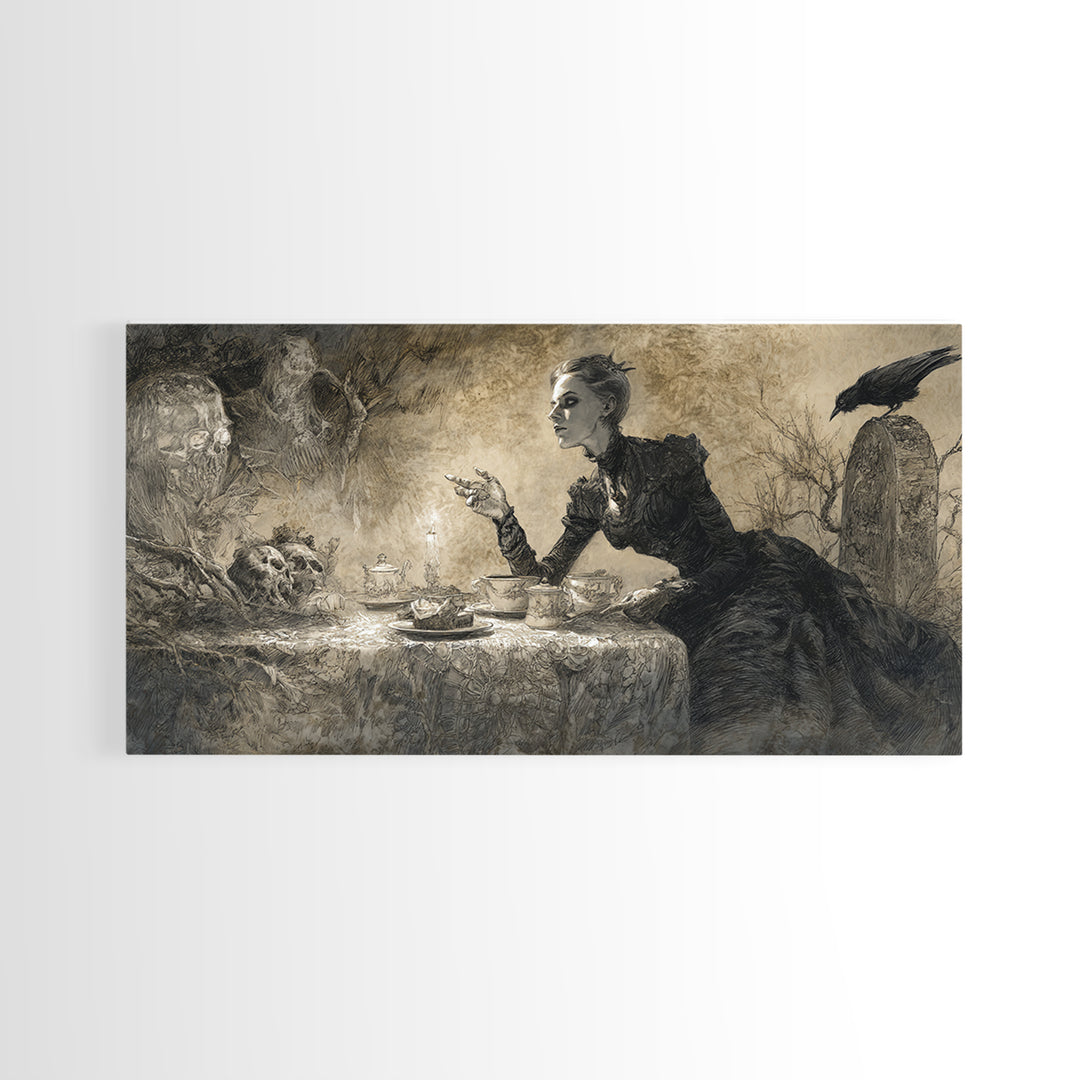 The Zombie Picnic, Symbolist Dream Art, Wide Panoramic Art, Macabre Wall Art, Framed Canvas Print, Halloween Wall Art