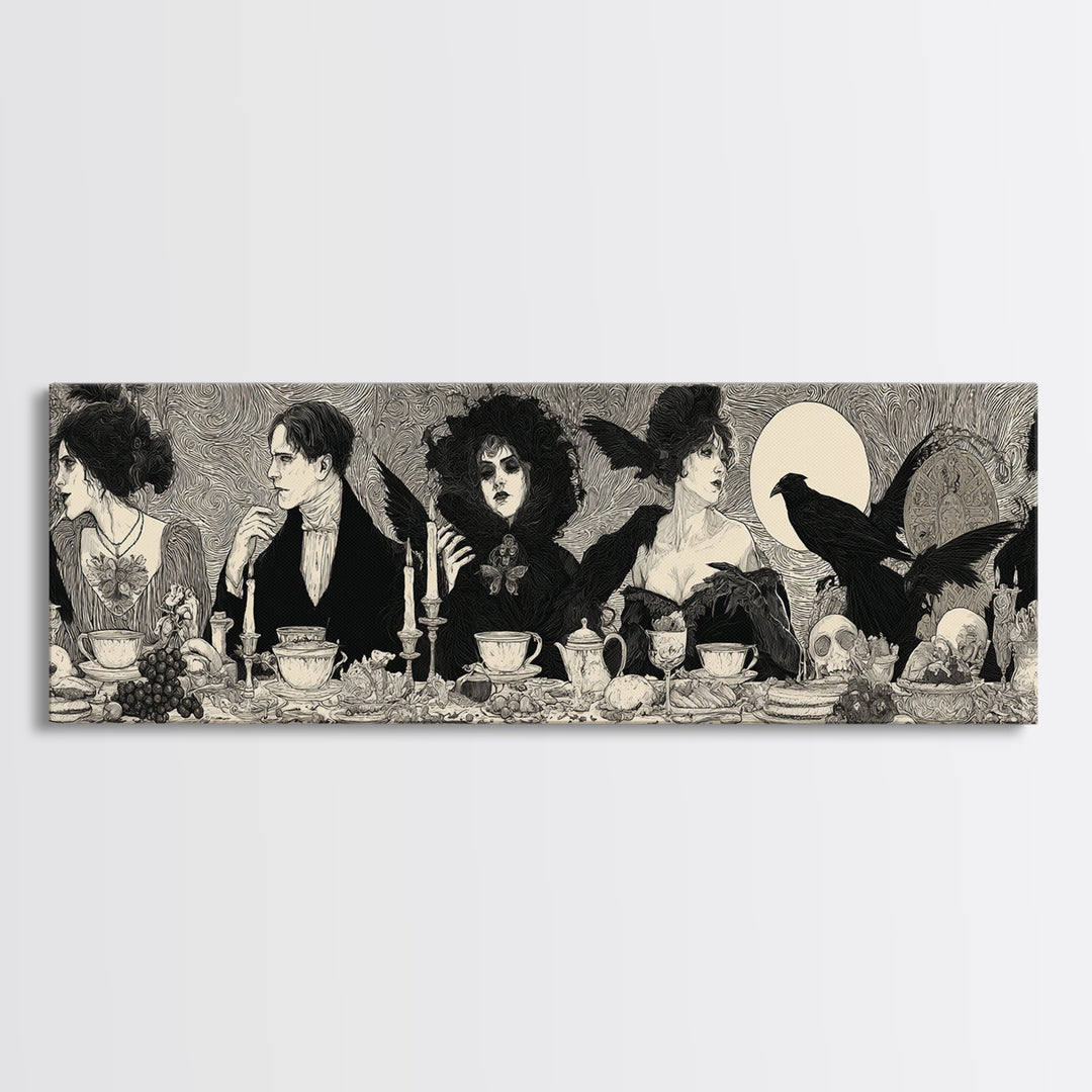 The Zombie Picnic, Decadent Line Art, Extra Wide Wall Art, Dark Halloween Decor, Framed Canvas Print, Halloween Wall Art