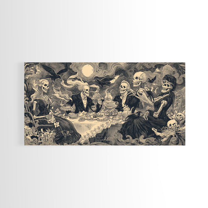 The Zombie Picnic, Macabre Folk Print Art, Wide Panoramic Art, Macabre Wall Art, Framed Canvas Print, Halloween Wall Art