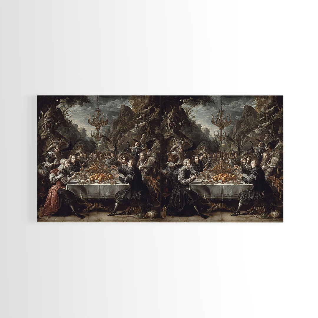 The Vampire Banquet, Baroque Witchcraft Art, Wide Panoramic Art, Dark Fantasy Wall Art, Framed Canvas Print, Halloween Wall Art
