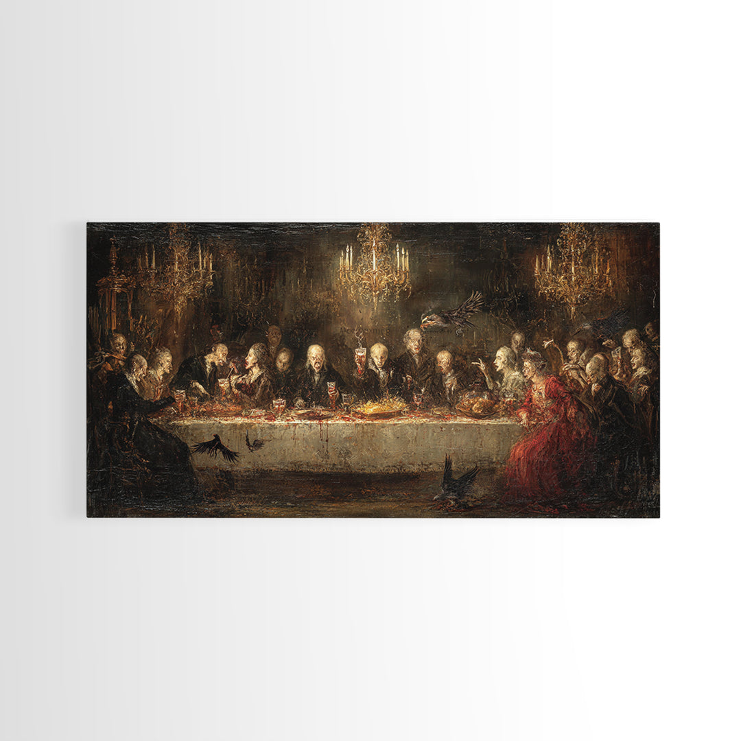 The Vampire Banquet, Dark Romantic Horror Art, Wide Panoramic Art, Dark Halloween Decor, Framed Canvas Print, Halloween Wall Art
