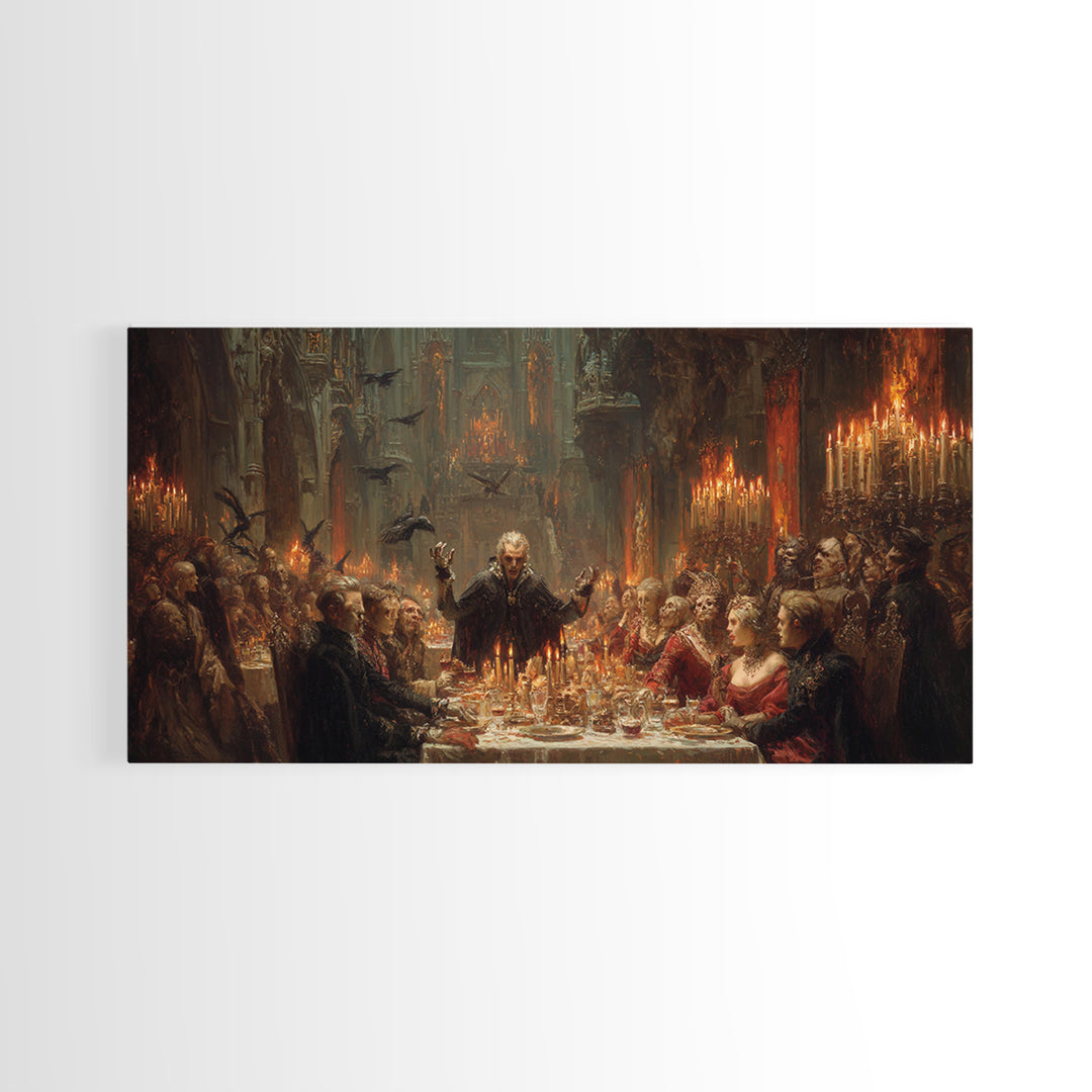 The Vampire Banquet, Apocalyptic Romantic Art, Wide Panoramic Art, Dark Fantasy Wall Art, Framed Canvas Print, Halloween Wall Art