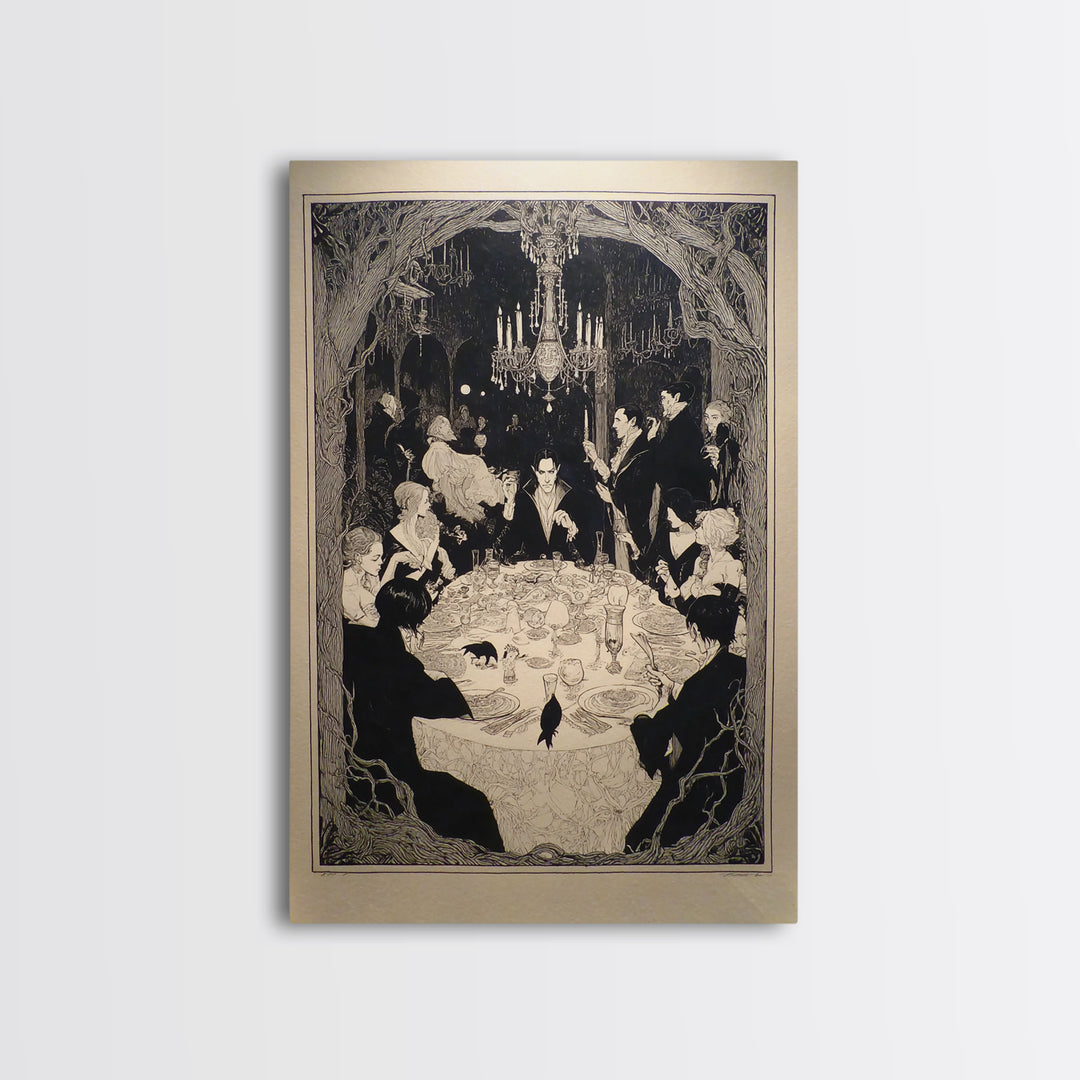 The Vampire Banquet, Decadent Line Art, Vertical Wall Art, Gothic Horror Wall Art, Framed Canvas Print, Halloween Wall Art