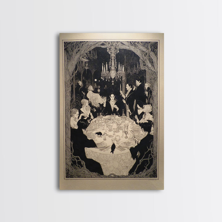 The Vampire Banquet, Decadent Line Art, Vertical Wall Art, Gothic Horror Wall Art, Framed Canvas Print, Halloween Wall Art