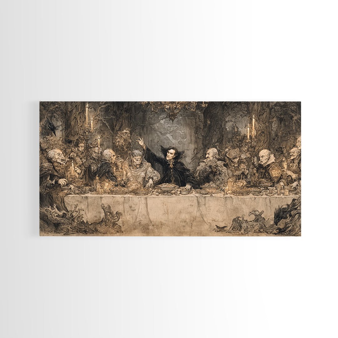 The Vampire Banquet, Gothic Storybook Art, Wide Panoramic Art, Dark Fantasy Wall Art, Canvas Print, Halloween Wall Art