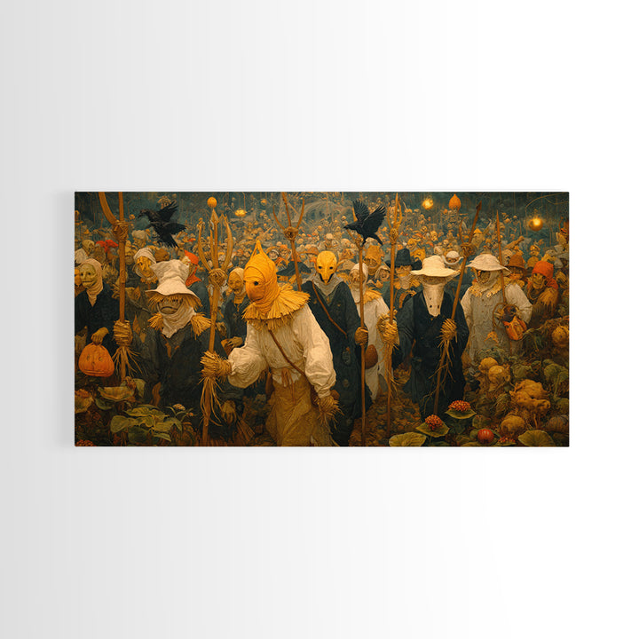 The Scarecrow Uprising, Medieval Grotesque Art, Wide Panoramic Art, Macabre Wall Art, Framed Canvas Print, Halloween Wall Art