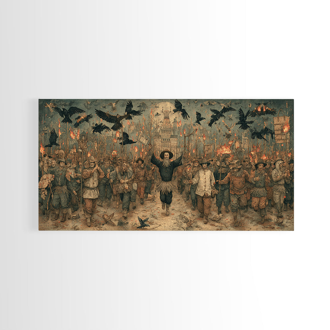 The Scarecrow Uprising, Northern Renaissance Horror, Wide Panoramic Art, Macabre Wall Art, Framed Canvas Print, Halloween Wall Art