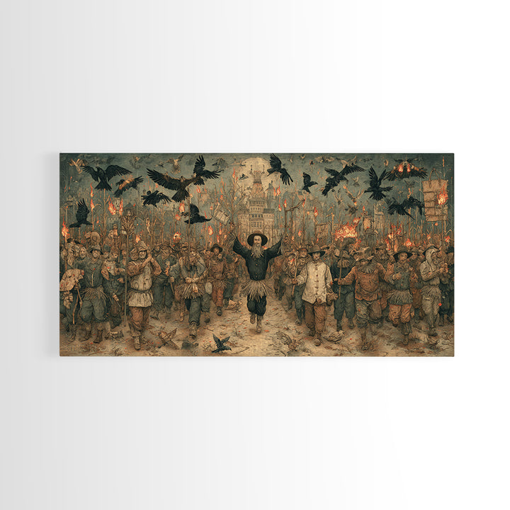 The Scarecrow Uprising, Northern Renaissance Horror, Wide Panoramic Art, Macabre Wall Art, Framed Canvas Print, Halloween Wall Art