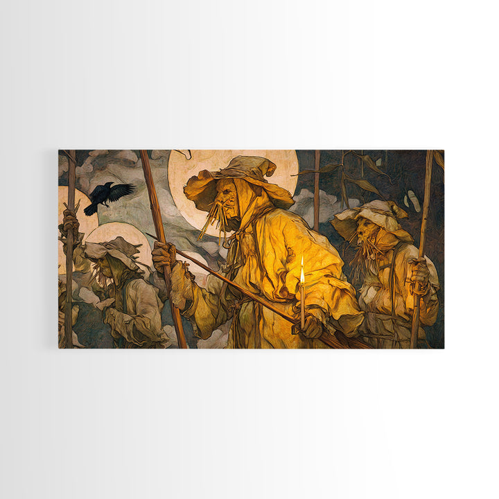 The Scarecrow Uprising, Dark Renaissance Art, Wide Panoramic Art, Dark Halloween Decor, Framed Canvas Print, Halloween Wall Art