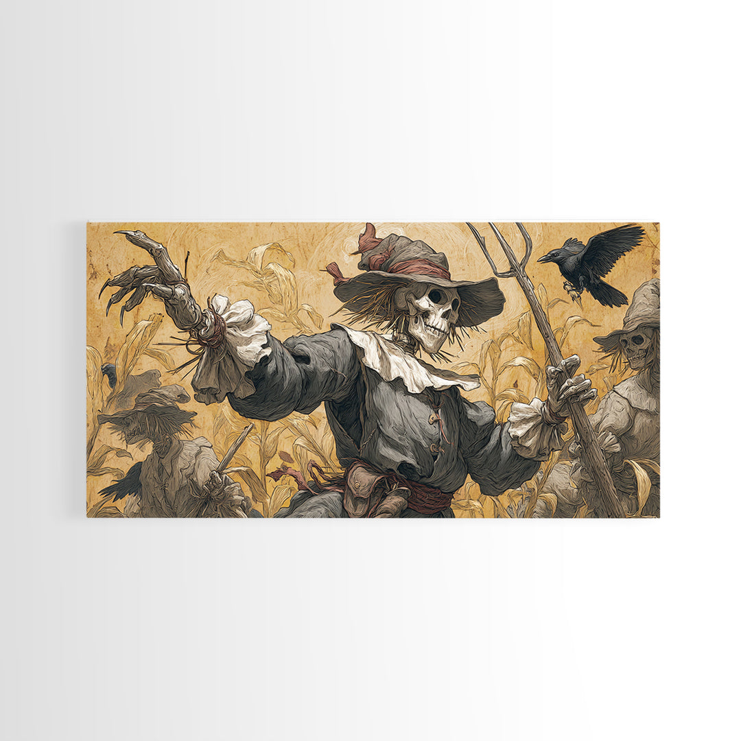 The Scarecrow Uprising, Danse Macabre Art, Wide Panoramic Art, Macabre Wall Art, Framed Canvas Print, Halloween Wall Art