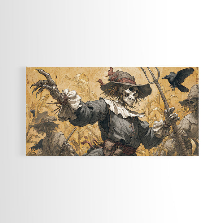 The Scarecrow Uprising, Danse Macabre Art, Wide Panoramic Art, Macabre Wall Art, Framed Canvas Print, Halloween Wall Art