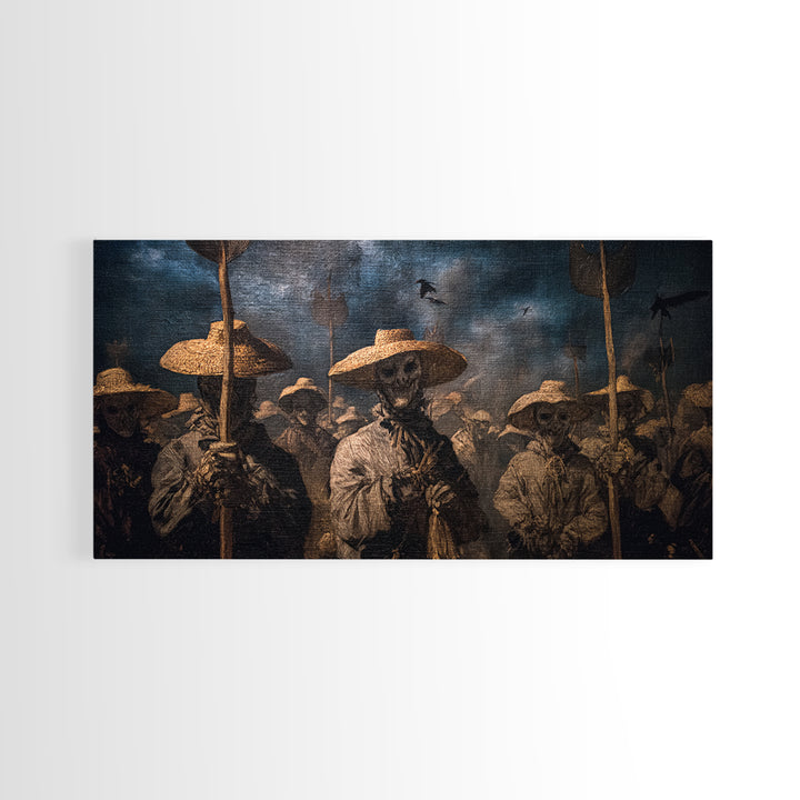 The Scarecrow Uprising, Dark Romantic Horror Art, Wide Panoramic Art, Macabre Wall Art, Framed Canvas Print, Halloween Wall Art
