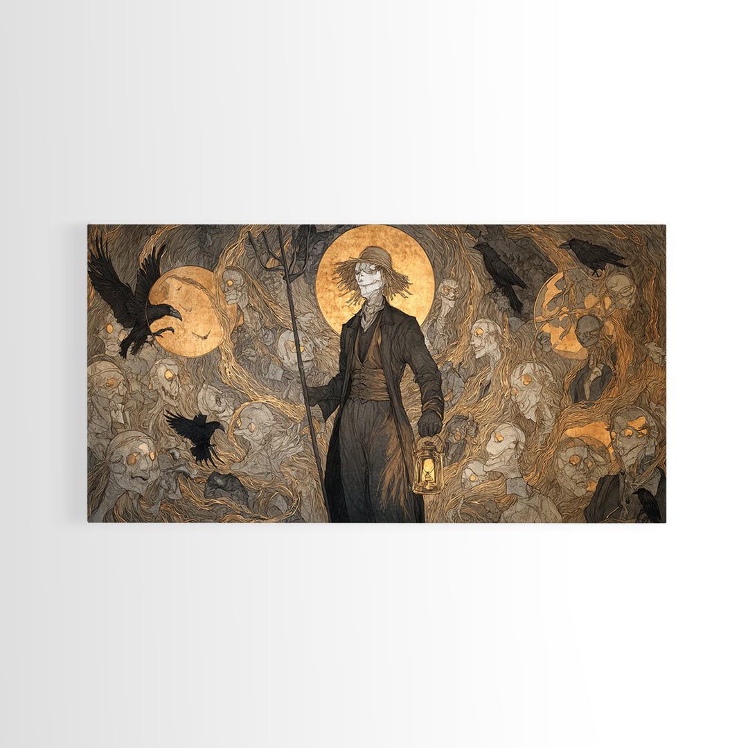 The Scarecrow Uprising, Gothic Nightmare Art, Wide Panoramic Art, Dark Halloween Decor, Framed Canvas Print, Halloween Wall Art