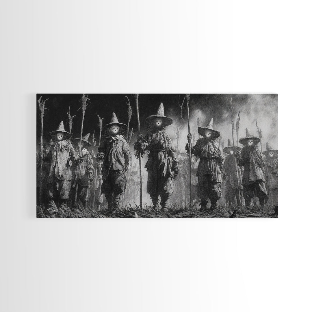 The Scarecrow Uprising, Symbolist Dream Art, Wide Panoramic Art, Dark Fantasy Wall Art, Framed Canvas Print, Halloween Wall Art