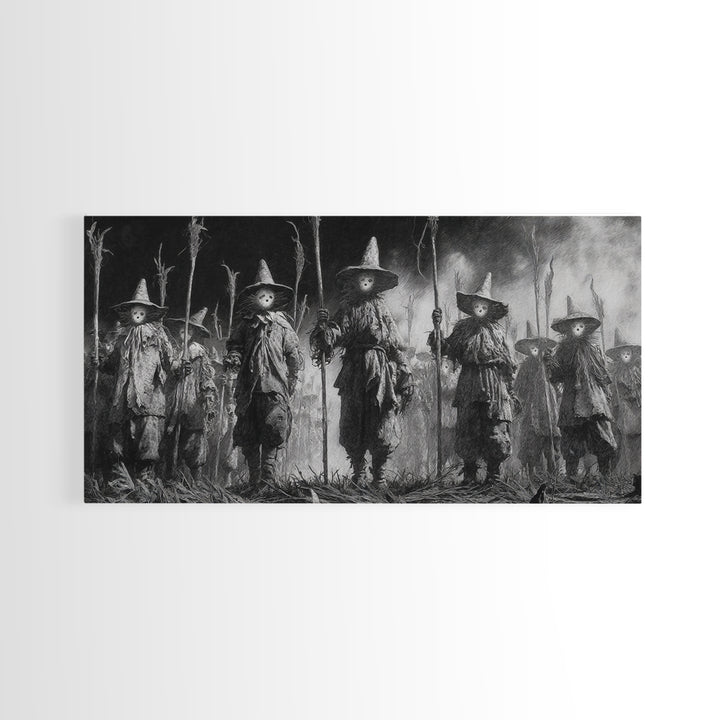 The Scarecrow Uprising, Symbolist Dream Art, Wide Panoramic Art, Dark Fantasy Wall Art, Framed Canvas Print, Halloween Wall Art