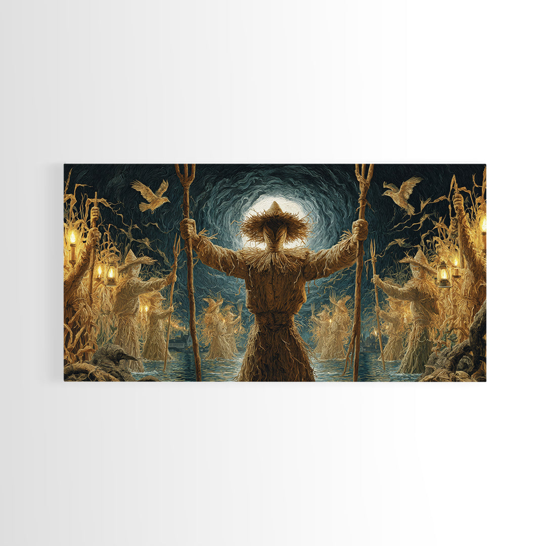 The Scarecrow Uprising, Symbolist Gothic Landscape, Wide Panoramic Art, Macabre Wall Art, Framed Canvas Print, Halloween Wall Art