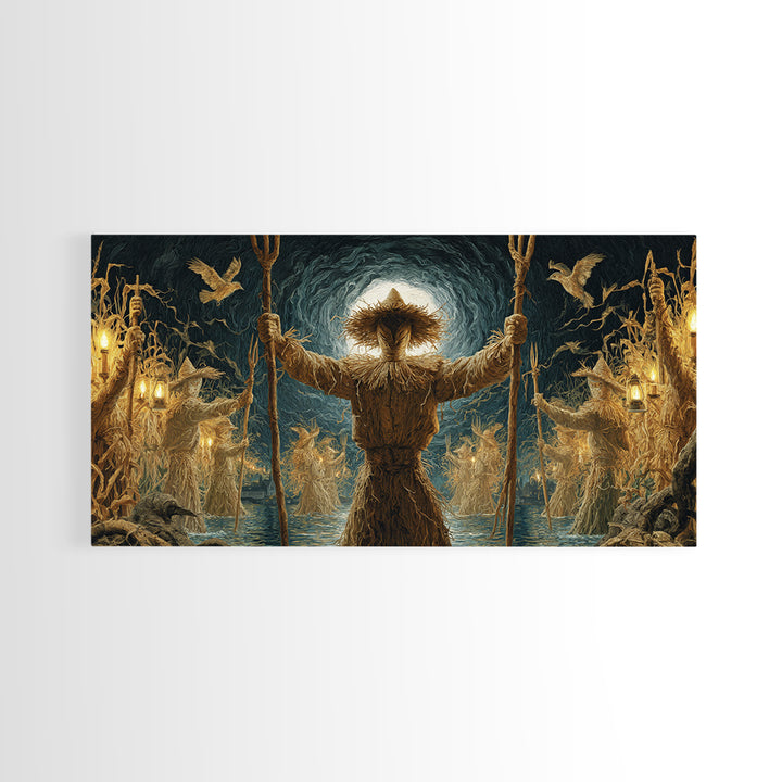 The Scarecrow Uprising, Symbolist Gothic Landscape, Wide Panoramic Art, Macabre Wall Art, Framed Canvas Print, Halloween Wall Art