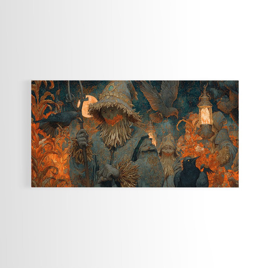 The Scarecrow Uprising, Ornate Symbolist Art, Wide Panoramic Art, Gothic Horror Wall Art, Framed Canvas Print, Halloween Wall Art