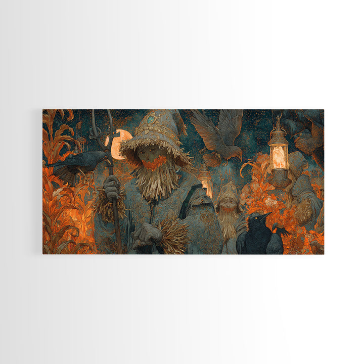 The Scarecrow Uprising, Ornate Symbolist Art, Wide Panoramic Art, Gothic Horror Wall Art, Framed Canvas Print, Halloween Wall Art