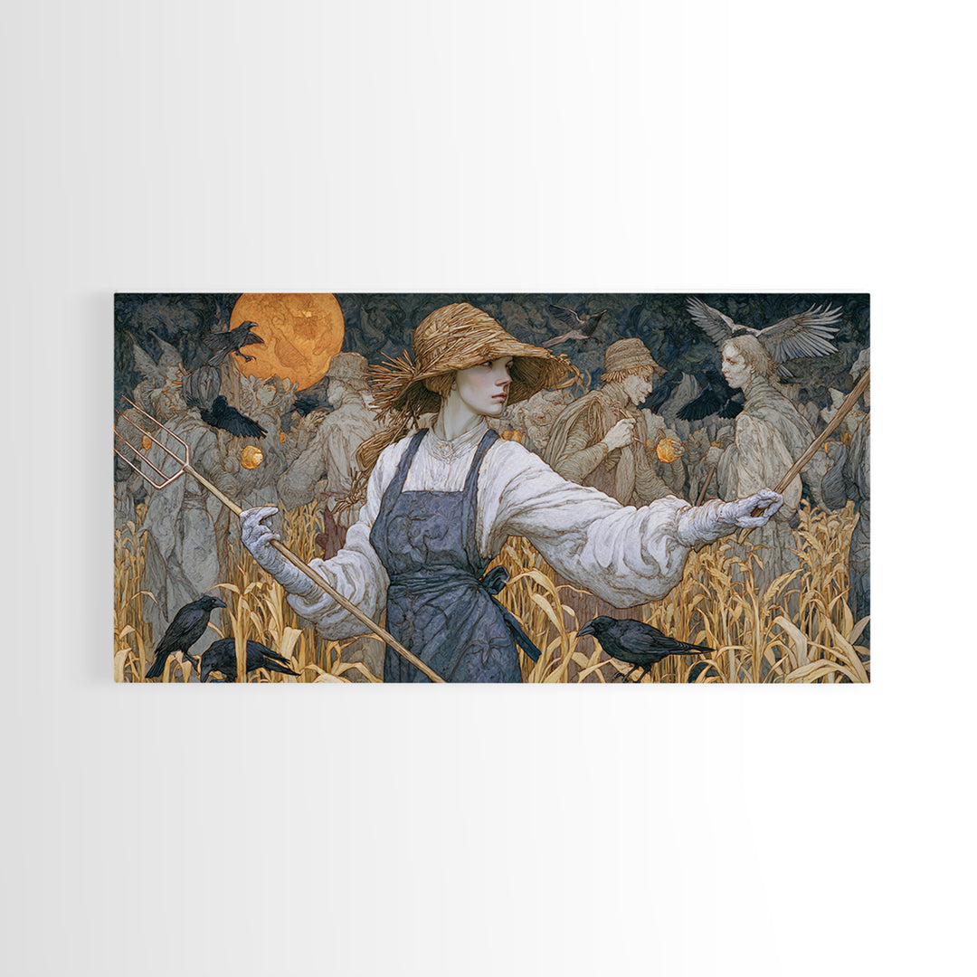 The Scarecrow Uprising, Symbolist Death Art, Wide Panoramic Art, Macabre Wall Art, Framed Canvas Print, Halloween Wall Art