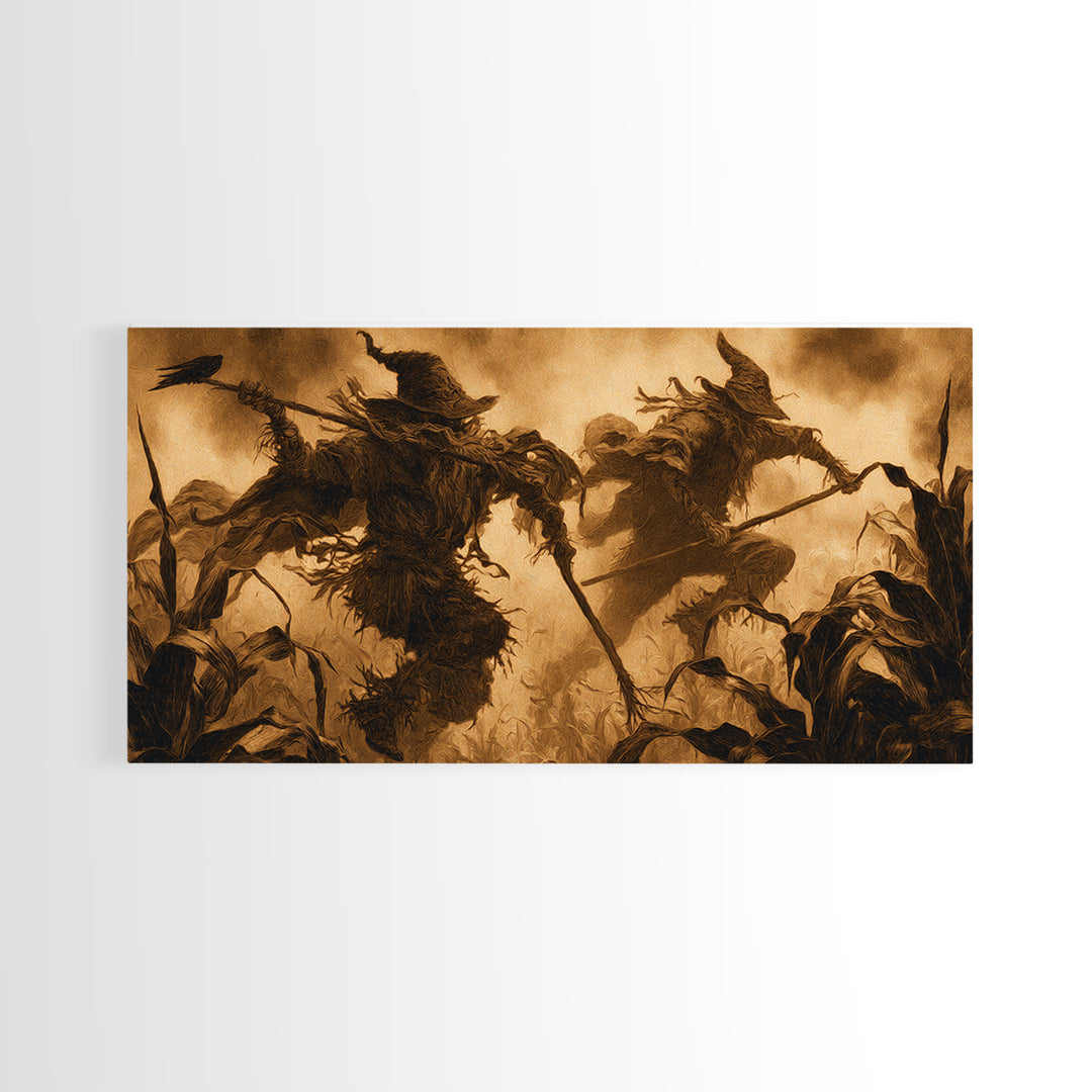 The Scarecrow Uprising, Dark Symbolist Art, Wide Panoramic Art, Macabre Wall Art, Framed Canvas Print, Halloween Wall Art