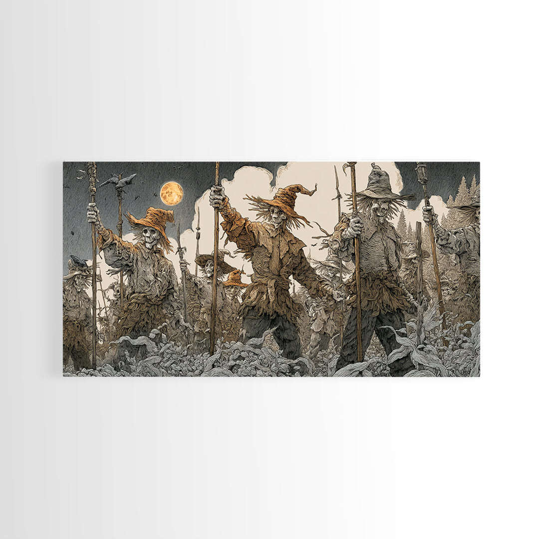 The Scarecrow Uprising, Symbolist Etching Art, Wide Panoramic Art, Macabre Wall Art, Canvas Print, Halloween Wall Art, Statement Wall Art