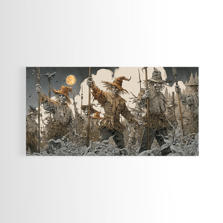 The Scarecrow Uprising, Symbolist Etching Art, Wide Panoramic Art, Macabre Wall Art, Canvas Print, Halloween Wall Art, Statement Wall Art