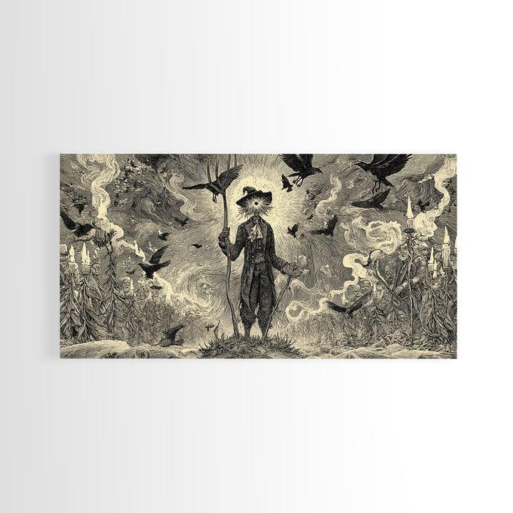 The Scarecrow Uprising, Expressionist Nightmare Art, Wide Panoramic Art, Dark Halloween Decor, Canvas Print, Halloween Wall Art