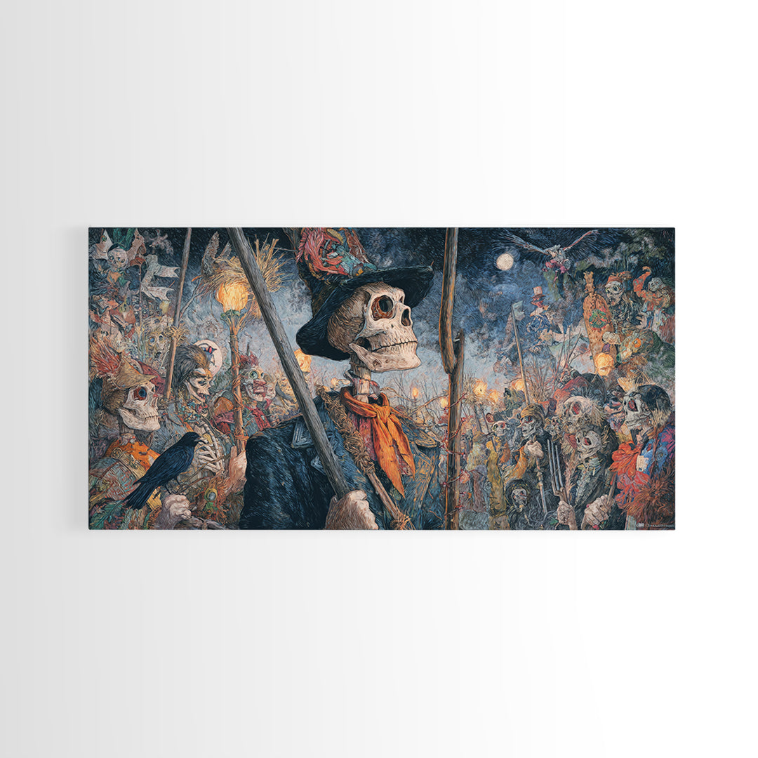 The Scarecrow Uprising, Grotesque Carnival Art, Wide Panoramic Art, Dark Halloween Decor, Framed Canvas Print, Halloween Wall Art