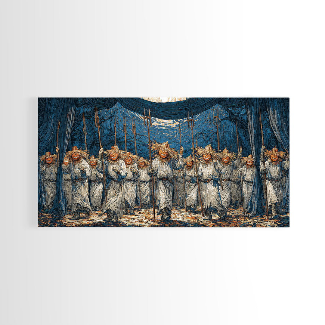 The Scarecrow Uprising, Expressionist Gothic Art, Wide Panoramic Art, Macabre Wall Art, Framed Canvas Print, Halloween Wall Art