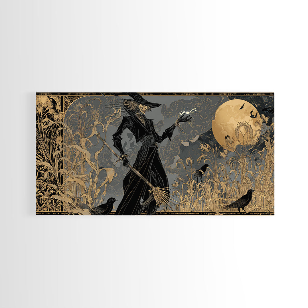 The Scarecrow Uprising, Decadent Line Art, Wide Panoramic Art, Dark Halloween Decor, Framed Canvas Print, Halloween Wall Art