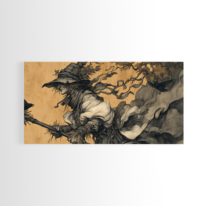 The Scarecrow Uprising, Gothic Storybook Art, Wide Panoramic Art, Dark Halloween Decor, Framed Canvas Print, Halloween Wall Art