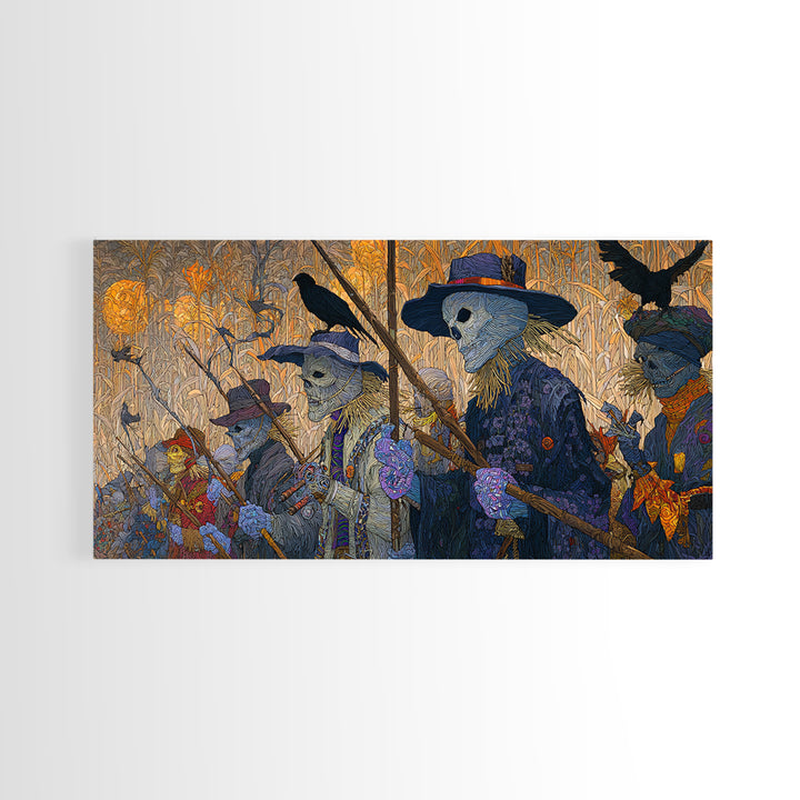 The Scarecrow Uprising, Stained Glass Gothic Art, Wide Panoramic Art, Dark Halloween Decor, Canvas Print, Halloween Wall Art