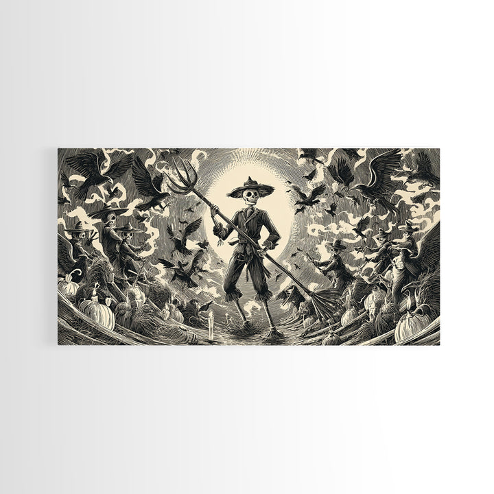 The Scarecrow Uprising, Macabre Folk Print Art, Wide Panoramic Art, Dark Fantasy Wall Art, Canvas Print, Halloween Wall Art