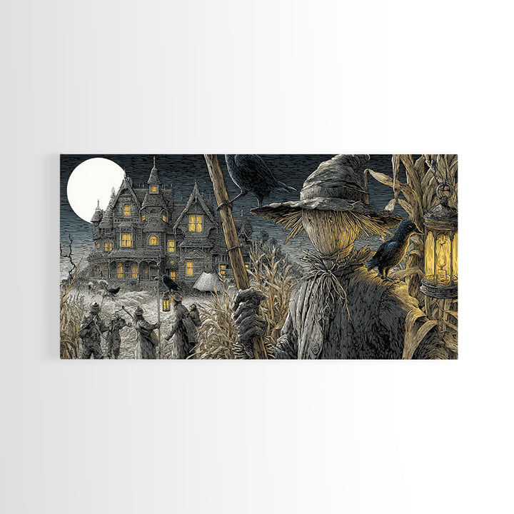 The Scarecrow Uprising, Victorian Macabre Art, Wide Panoramic Art, Macabre Wall Art, Framed Canvas Print, Halloween Wall Art