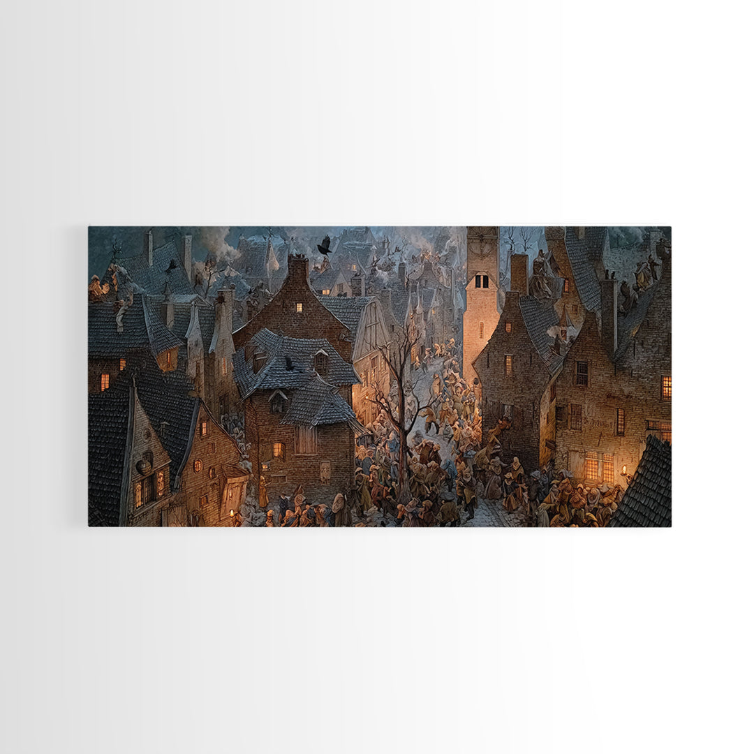 The Thirteenth Bell, Northern Renaissance Horror, Wide Panoramic Art, Dark Halloween Decor, Framed Canvas Print