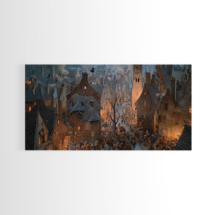 The Thirteenth Bell, Northern Renaissance Horror, Wide Panoramic Art, Dark Halloween Decor, Framed Canvas Print