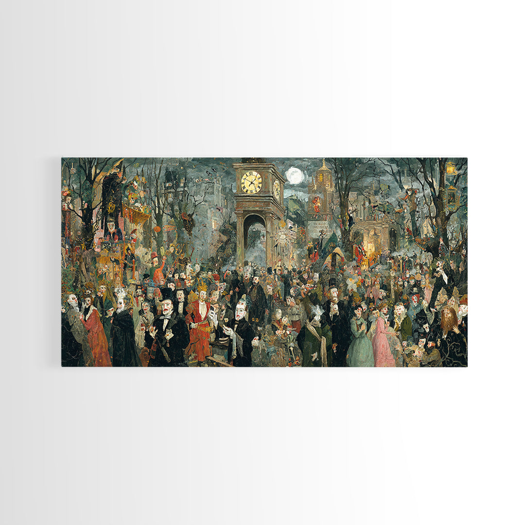 The Thirteenth Bell, Grotesque Carnival Art, Wide Panoramic Art, Dark Fantasy Wall Art, Framed Canvas Print, Halloween Wall Art