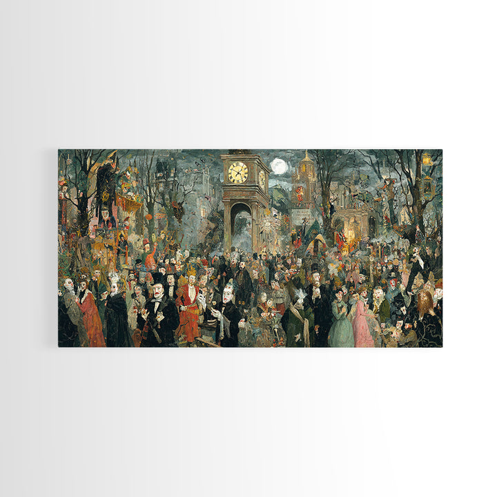 The Thirteenth Bell, Grotesque Carnival Art, Wide Panoramic Art, Dark Fantasy Wall Art, Framed Canvas Print, Halloween Wall Art