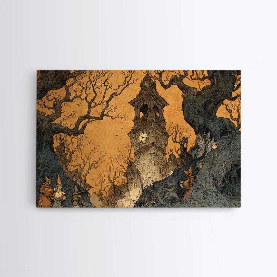 The Thirteenth Bell, Gothic Storybook Art, Landscape Wall Art, Dark Halloween Decor, Framed Canvas Print, Halloween Wall Art